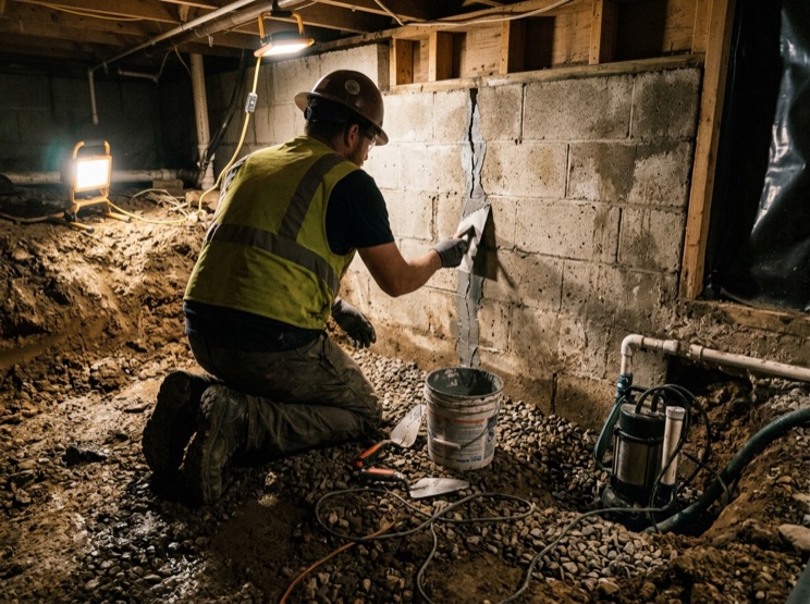A contractor sealing a foundation wall crack during basement waterproofing, representative of the niche (not the actual client).
