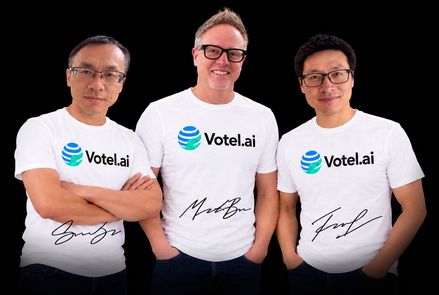 Three of Votel's engineering leads in Votel.ai t-shirts